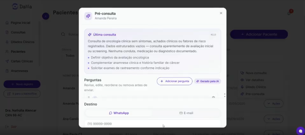 Tela Dalila: pré-consultas