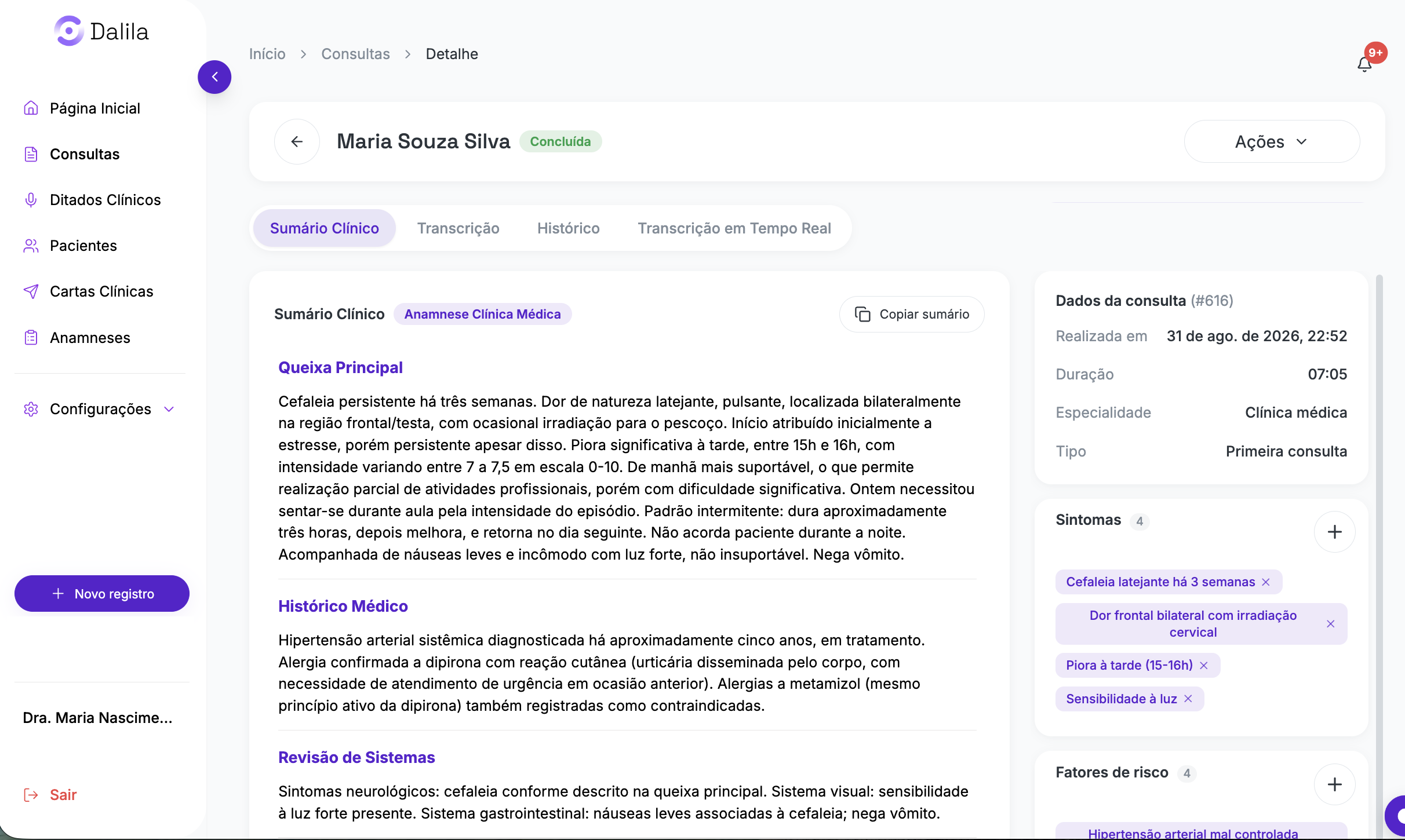 Tela Dalila: prontuário eletrônico